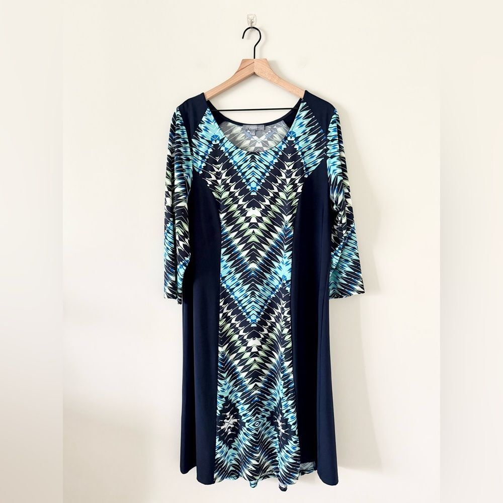 NY Collection Long Sleeve Sheath Dress in Navy with Multi Abstract Print - 2X